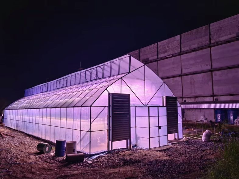 Greenhouse lit at night